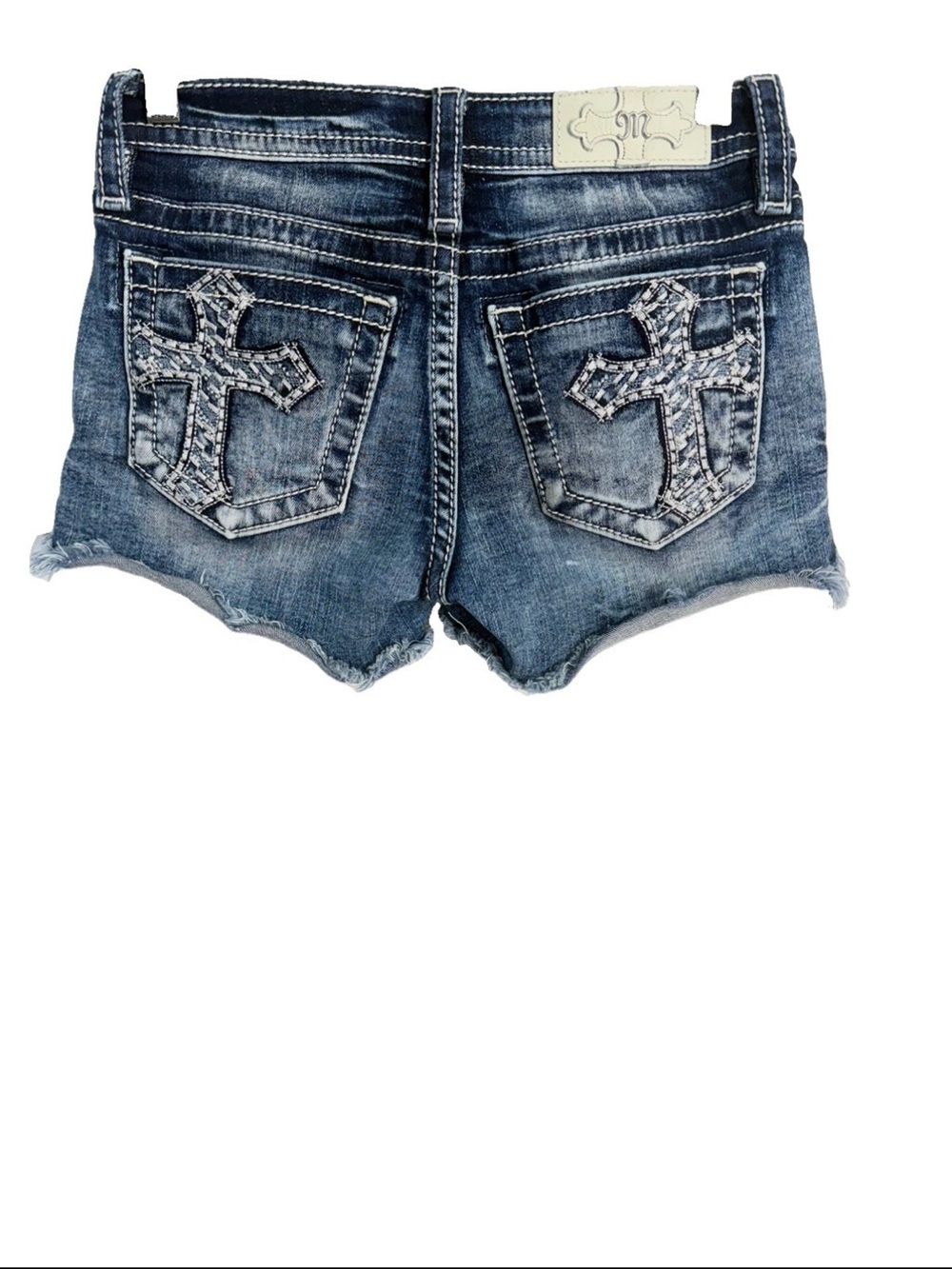 Miss Me Signature Short Women 25 Blue Medium Wash Mid Rise Cross Studded M9307H